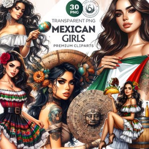 Conjunto de 30 clipart de garotas mexicanas, dançarina mexicana de Cinco de Mayo, design de garotas mexicanas, festa mexicana, garotas astecas, designs de sublimação