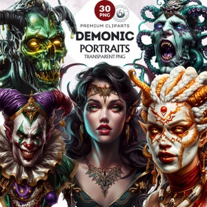 30 種類の悪魔の肖像画のクリップアート セット、悪魔のクリップアート、ハロウィーンのクリップアート、ファンタジー、ホラー、ゴシック、ダーク アート昇華デザイン用のホラー PNG