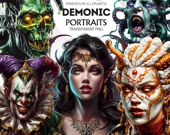 30 Demonic Portraits Clipart: Horror Gothic PNG Designs (Digital Download)