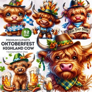 52 Oktoberfest Highland Kuh Clipart Set - Bier, Brezeln & süße Kühe in Lederhosen, Bayerisches Clipart, Bierfest, Süßes Highland Kalb PNG