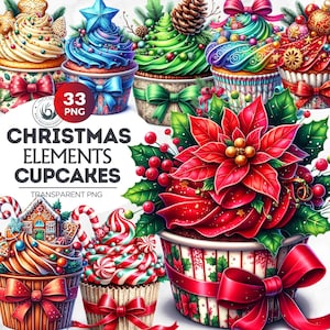 Conjunto de imágenes prediseñadas de cupcakes navideños V2, deliciosos PNG navideños, dulces navideños, flor de Pascua, bastón de caramelo, pan de jengibre, acebo, imágenes prediseñadas navideñas