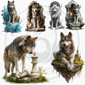 Watercolor Mystic Wolves Clipart PNG Bundle, Fantasy wolf for DIY Card, Junk Journal, Scrapbooking, Commercial use!