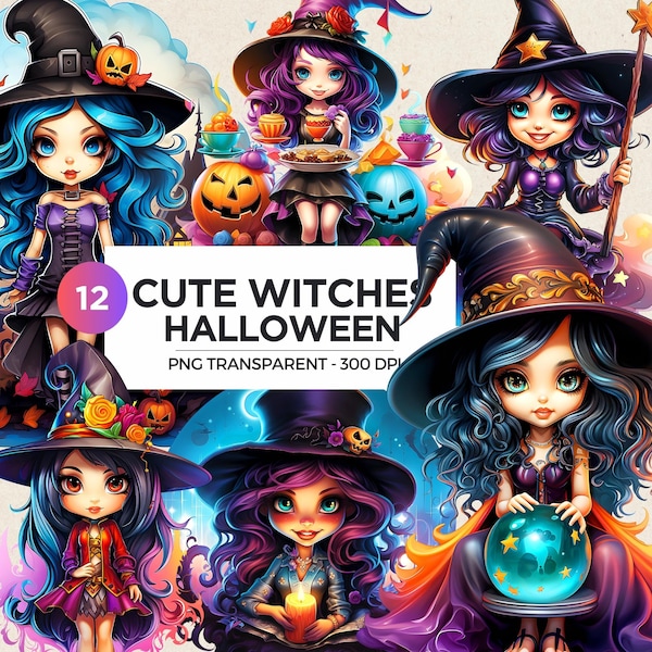 Halloween Cute Witch PNG Clipart | Halloween PNG bundle | Spooky season PNG | Kids Halloween |  Scrapbooking, sublimation design downloads