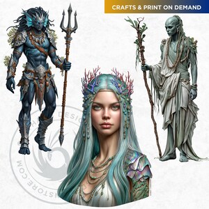 Deep Sea Fantasy Clipart PNG Set, Siren Mermaid Clipart, Underwater clipart, Ocean Mythology, Atlantis decor, Nautical Fantasy, Sea God