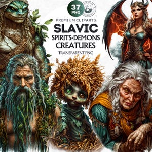 37 Slavic clipart set, Baba Yaga, Slavic Spirit, Eastern European mythology Graphics, Ancient Slavic demons, Fantasy Art, Sublimation design