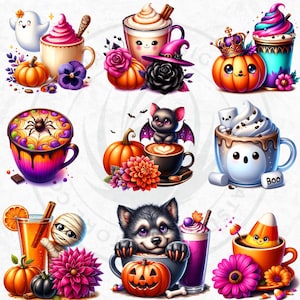 Halloween Drinks Cuties PNG Set, Kawaii Spooky Treats Clipart, Kids halloween Party for Sublimation, Ghost, Pumpkin, cauldron, Halloween PNG