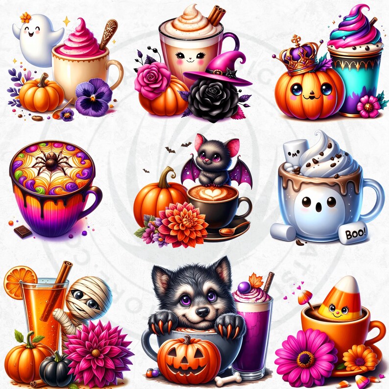 Halloween Drinks Cuties PNG Set, Kawaii Spooky Treats Clipart, Kids halloween Party for Sublimation, Ghost, Pumpkin, cauldron, Halloween PNG