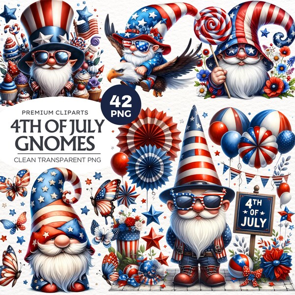 4th of july Gnome Clipart PNG Set, 42 american patriotic clipart, Independence day Gnomes, 4th of july, Veteran day, Memorial Day, USA flag