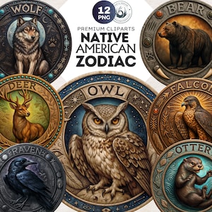Native American Zodiac Animal Totems PNG Round Clipart, Animal Spirit Designs, Native American mythology, tribal animal art, zodiac PNG