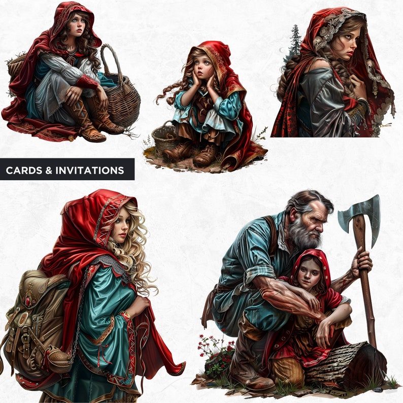 Little red riding hood Clipart Set,fairy tale clip art, hunter, wolf clipart, Fairytale Bundle PNG for sublimation, Scrapbook, Junk Journal