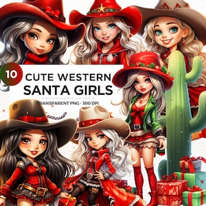 Cute Christmas Santa cowgirl Clipart PNG, Western PNG clipart, Country girl PNG, ideal for crafts and sublimation. Commercial use for Pod