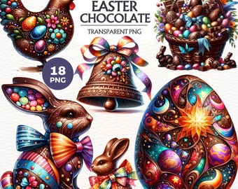 May include: A set of 18 Easter-themed chocolate decorations. The set includes a chocolate bunny, a chocolate egg, a chocolate bell, a chocolate hen, and a chocolate basket filled with chocolate eggs. The decorations are all intricately decorated with colorful details.