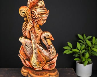 Handcrafted Clay Goddess Saraswati Idol | Indian Terracotta Art Statue | Spiritual Home Décor Gift