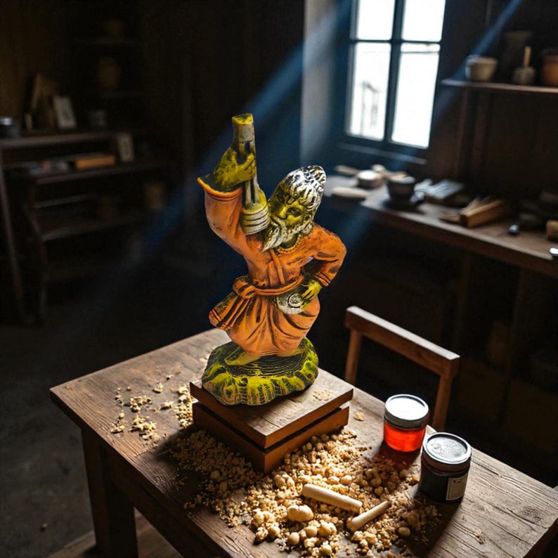 Handmade clay figurine of a Baul folk musician in an orange robe, holding a lantern and a small drum, displayed on a rustic wooden table with scattered craft materials and jars in a cozy workshop setting.