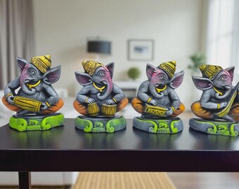 Handmade Multicolour Burnt Clay Ganesha Figurines – 4‑Piece Musician Set for Home Decor or Gifts