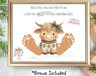 Christmas Cow Footprint Craft, Kids Holiday Keepsake Printable, Baby Footprint Art, Farm Animal Christmas Activity, DIY Gift for Parents