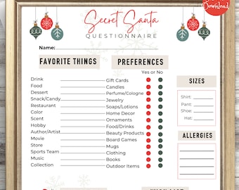 Secret Santa Questionnaire Printable| Secret Santa Survey Gift Exchange Coworker| Secret Santa Signup |Office Gift Exchange| Get to know Me