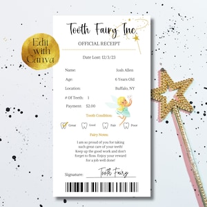 Puede incluir: Recibo oficial de Tooth Fairy Inc. con una varita de estrella dorada. El recibo incluye campos para nombre, edad, ubicación y condición dental. Tiene una ilustración de hada de dibujos animados y un código de barras.
