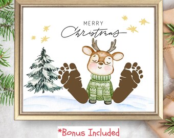 Reindeer Footprint Art, Sunday School Christmas Winter Handprint Craft, Holiday DIY Kids Baby Toddler Gift PreK Keepsake, Daycare Activity