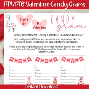 Peut inclure: Formulaire imprimable de collecte de fonds pour des bonbons de la Saint-Valentin avec une illustration de lama. Le formulaire comprend un espace pour remplir le nom du destinataire, la classe, le professeur et un message. Le texte indique "Candy gram" et "Hamburg Elementary PTA organise une collecte de fonds pour des bonbons de la Saint-Valentin ! Chaque bonbon coûte 1,00 $ et vous pouvez en envoyer autant que vous le souhaitez. Pour participer, remplissez les grammes sur cette page et retournez-les à votre professeur. Veuillez joindre les grammes remplis à une enveloppe avec votre paiement et les retourner à votre professeur avant le 11 février. Les bonbons seront livrés aux salles de classe le 14 février 2024."