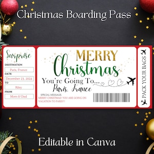 Sjabloon voor kerstinstapkaarten| Instapkaartticket| Afdrukbaar ticket voor verrassingsvakantie| Afdrukbare luchtvaartmaatschappij| Bewerkbare instapkaart voor Parijs