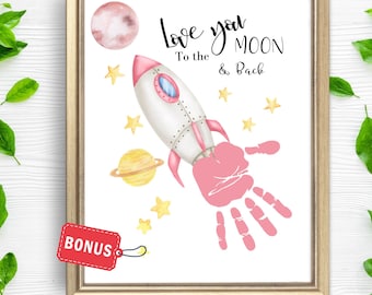 Arte con huellas de manos para el Día de la Madre "Te amo hasta la luna", manualidad imprimible con huellas de manos de bebé, actividad para guardería, recuerdo para recién nacidos, regalo DIY para padres de preescolar