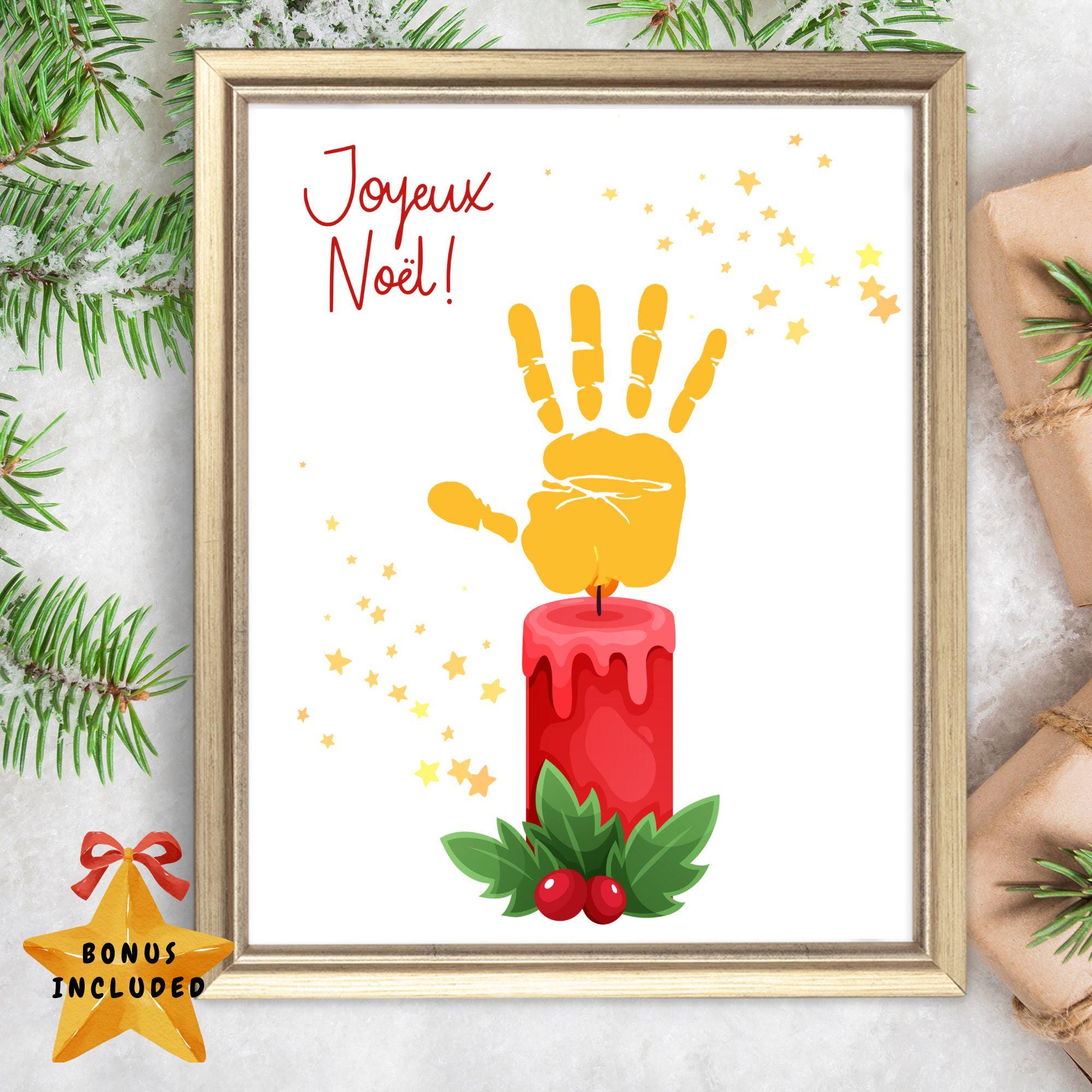 17 Cute & Easy Winter Craft Ideas for Kids 5 Christmas Handprint Art, Joyeux Noel Candle, Printable Preschool…