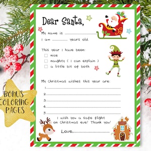 Carta a Papá Noel imprimible/ Carta fácil de imprimir a Papá Noel/ Carta de Navidad para niños queridos de Papá Noel/ Lista de deseos navideños para colorear adornos de Papá Noel