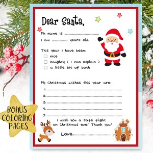 Brief an den Weihnachtsmann Printable| Einfach zu druckender Brief an den Weihnachtsmann| Lieber Weihnachtsmann Weihnachtsbuchstabe| Weihnachtswunschliste für Weihnachtsmann Ornament Färbung