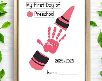Handafdruk knutselen eerste dag kleuterschool| Afdrukbaar bord eerste schooldag| Handafdruk terug naar school voor pre K | 1e dag herinnering