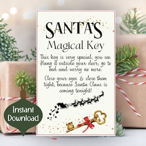 May include: A white printable sign with gold stars and the text "SANTA'S Magical Key" and a black and white illustration of Santa's sleigh flying through the air. The text reads: "This key is very special, you see. Hang it outside your door, go to bed and worry no more. Close your eyes & close them tight, because Santa Claus is coming tonight!"