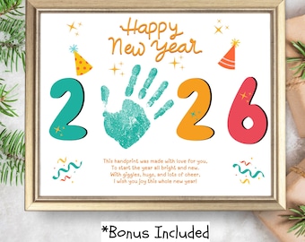 Happy New Year 2026 Handprint Art Craft, Holiday Handprint Poem, DIY Preschool Footprint  for Kids, Baby Keepsake, Toddler Daycare Activity
