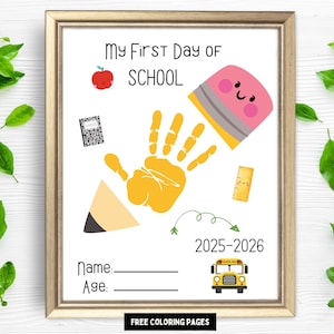My First Day of School Pencil Handprint Craft, 1st Day of School Printable Sign| Back To School Footprint Art for PreK, DIY 1st Day Keepsake