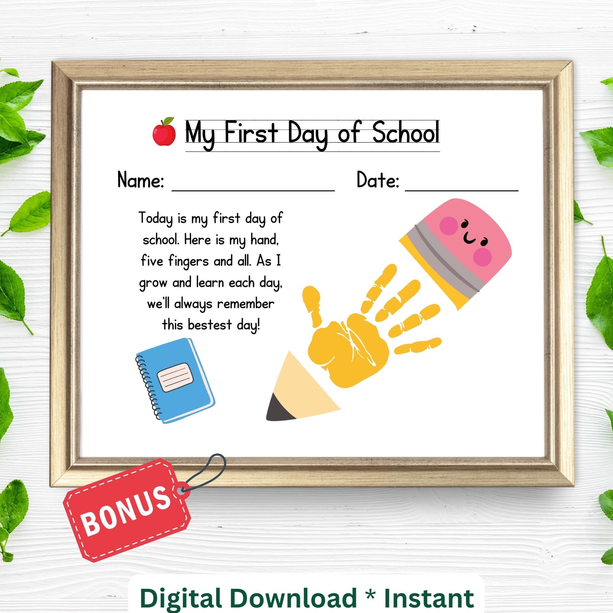 Handafdruk op eerste schooldag| Afdrukbaar bord Mijn eerste schooldag| Handafdruk Back To School voor PreK| Zelfgemaakt 1e-dagschoolgedicht