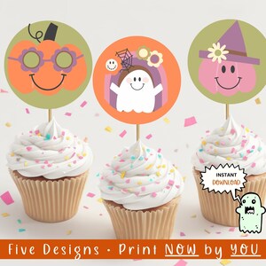 Halloween Cupcake Toppers Groovy Halloween Treat Tags| Printable Halloween Treat Tag|Boo Favor Gift Tags| Halloween Hippie Ghost Cookie Tag|