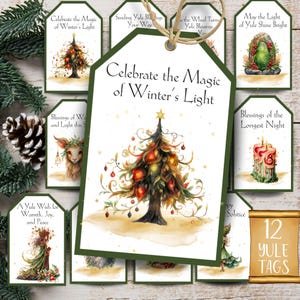Wydrukowane karty Yule | Etykiety na prezenty na przesilenie zimowe Yuletide na nordyckie Boże Narodzenie | Etykiety na Boże Narodzenie pogańskie Wiccan | Etykiety na życzenia celtyckie Yule Blessings