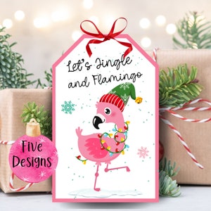Etiqueta de Feliz Natal de Natal Flamingo para impressão | Etiquetas tropicais do presente do flamingo cor-de-rosa do Natal | Etiqueta de agradecimento ao professor|Etiquetas de presente do vizinho