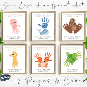 May include: A set of 6 printable handprint art pages featuring sea life animals. Each page includes a handprint outline, a sea creature, and the text "What do you see?"  The animals include a pink jellyfish, blue whale, brown walrus, yellow seahorse, orange crab, and green turtle. The pages are designed for children to make handprints and create their own sea life art.