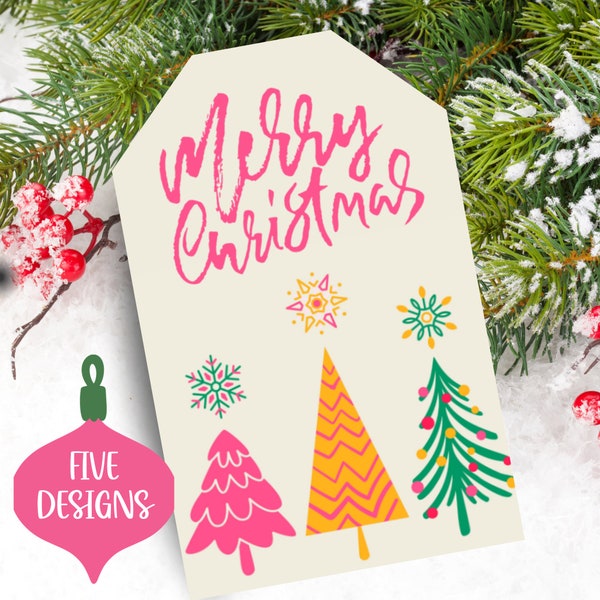 Merry Christmas Tag Printable| Retro Vintage Pink Christmas Tree Gift Tag| Cute Christmas Tags Teacher Appreciation| Neighbor Present Tags