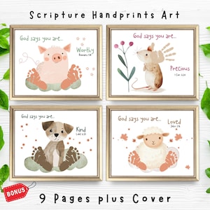 May include: A set of four printable handprint art designs featuring a pig, mouse, dog, and lamb. Each design includes a scripture quote and the words "God says you are..."  The designs are perfect for creating personalized keepsakes for babies and children.