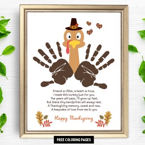 May include: Thanksgiving-themed framed print featuring a turkey made from handprints. The turkey wears a pilgrim hat and is surrounded by decorative hearts and fall leaves. The print includes the text "Happy Thanksgiving" and a poem.