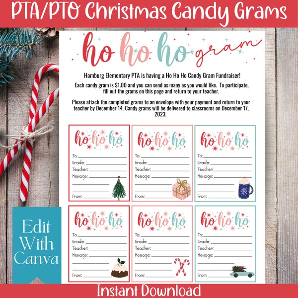 PTA PTO Christmas Holiday Gram Fundraiser Flyer Template| Ho Ho Ho Winter School Fundraiser| Candy Cane Grams| Editable Christmas Candy Gram