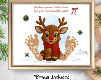 Reindeer Footprint Art Craft, Christmas Handprint, Kids Baby Toddler DIY Keepsake Printable, Daycare Activity, Preschool Gift for Parents