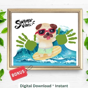 Summer Footprint Craft| Surfer Dog Handprint Art Printable Sign| Kids Preschool Daycare Toddlers DIY Craft Activity| Homeschool Art Craft