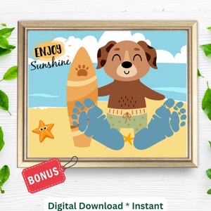 Summer Footprint Craft| Surfer Dog Handprint Art Printable Sign| Kids Preschool Daycare Toddlers DIY Craft Activity| Homeschool Art Craft