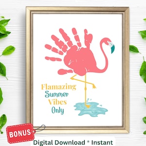 Summer Handprint Craft| Pink Flamingo Handprint Art Printable Sign| Kids Preschool Daycare Toddlers DIY Craft Activity| Summer Footprint Art