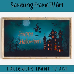 Halloween Samsung Frame TV Art| Spooky Season TV Frame Art for Fall Decor| Haunted House Flying Witch Scene Wall Art for Halloween Party
