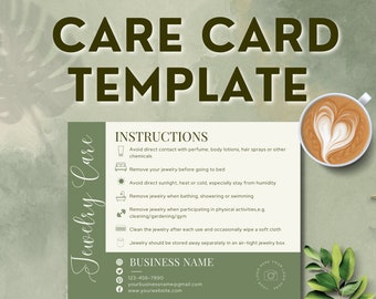 Tarjetas de cuidado para instrucciones de cuidado de joyería DESCARGA INSTANTE Plantilla Canva editable de joyería, inserciones de paquete de pedido imprimibles, verde - YTT006