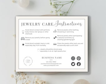 Plantilla de tarjeta de cuidado de joyería editable DESCARGA INSTANTE Inserciones de cuidado de joyería, Instrucciones de cuidado imprimibles, Negocio de joyería, Beige + Negro