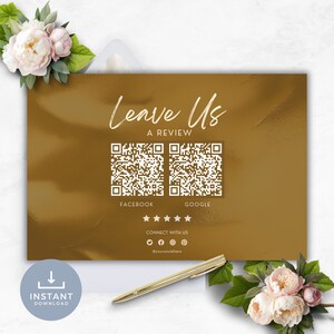 Dejar una reseña Tarjeta de código QR DESCARGA INSTANTE Dejar reseña, escribir una reseña, Código QR para dejar reseña, Signo de reseña comercial, Oro - YTT005